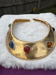 RARE VTG LES BERNARD Gold Tone Faux Gemstone Rhinestones RUNWAY Collar Necklace