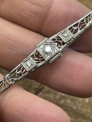 Antique BELAIS 18K White Gold ART DECO 1930’s Filigree Bar Brooch w/3 Diamonds
