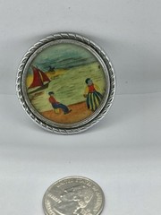 Vintage Mini Seaside Painting with People in French Native Costume Brooch