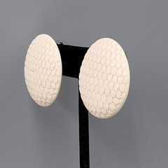 Vintage Hand Carved Clip on Earrings White Round Large Statement 1.25 in