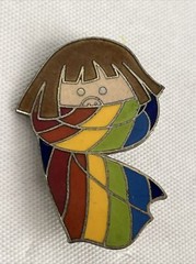Vintage 1960’s Pinback Pin Brooch Little Cartoon Girl With Rainbow Scarf