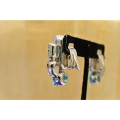 Vintage Cabochon Clip On Earrings Multi Blue Rhinestone Crystal Bezel 1980s W5