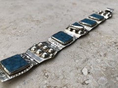 ✨🏜️VTG STAMPED TAXCO STERLING SILVER Turquoise Panel STATEMENT Bracelet Estate