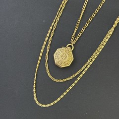 Vintage Goldette Triple Chain Ornate Hexagon Gold Tone Snap Locket Necklace