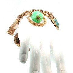 Vintage Etruscan Revival Charm Bracelet Gold Tone Curb Chain Fob Lantern 50s 60s