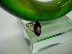 vintage 10K yellow Gold RING marquise black Onyx w DIAMOND accent band 2.4g 4.25