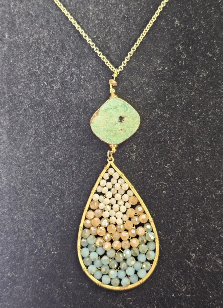 Goldtone Chain Necklace w/ Drop Large Pendant Multicolor Stones 29in- S88