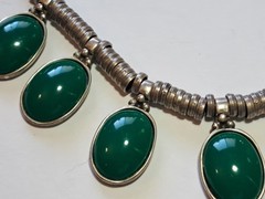 Vintage Old Pawn Necklace w 1″ Green Stones, Hand Made Coin Silver Settings 18″