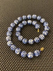Vintage Chinese Export Blue White Large Porcelain Beaded Necklace Filigree Clasp