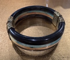 Vintage MCM Lucite Hinged Bangle Bracelet Black Turquoise Stripe Retro Mod