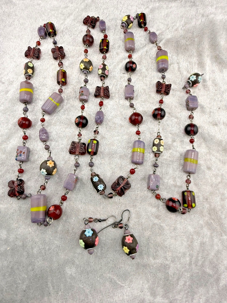 Vintage Beaded Glass Necklace Earrings Set Clay Beads LONG 54”