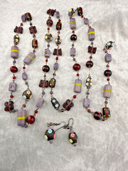 Vintage Beaded Glass Necklace Earrings Set Clay Beads LONG 54”