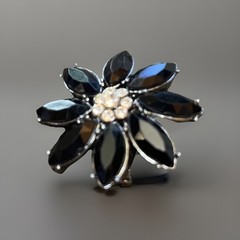 Vintage Jet Black & Clear Rhinestone Flower Stunning Brooch Pin Mourning Gothic