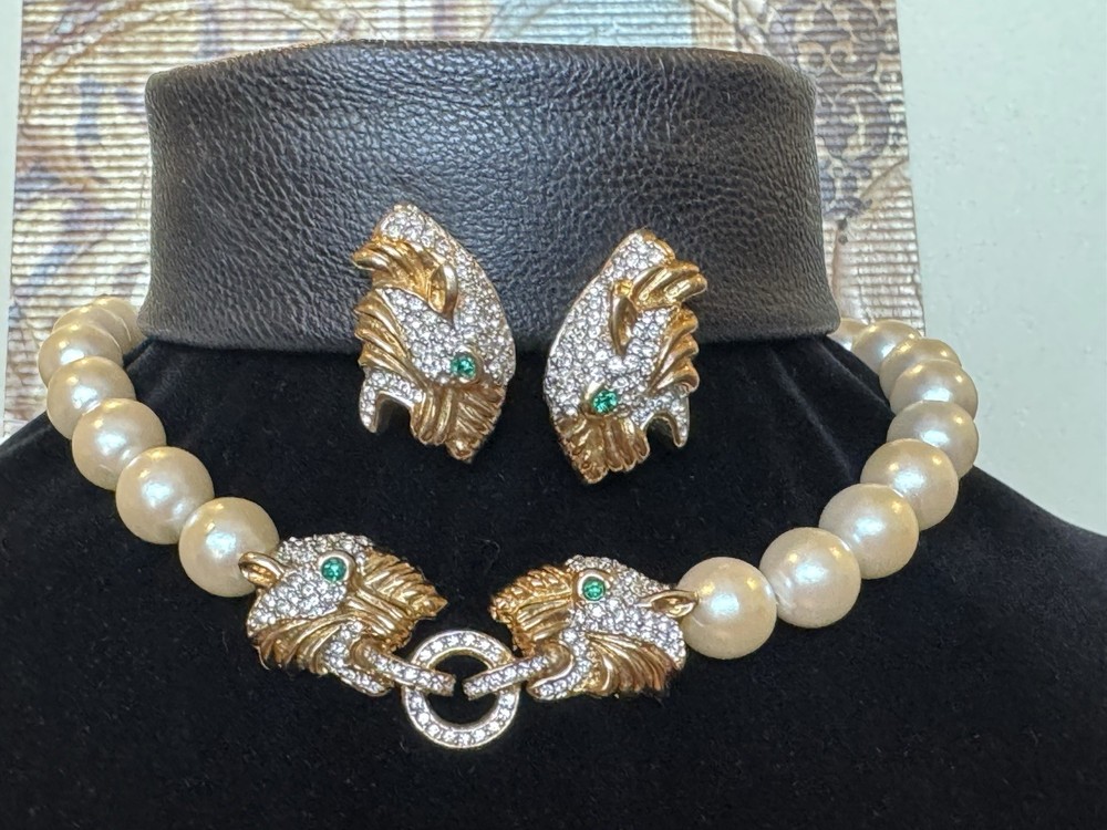 Vintage CIELO Panther Faux Pearl Parure Statement Runway Set Necklace Earrings