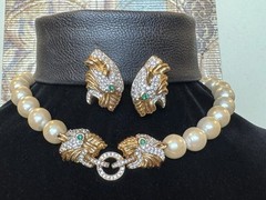 Vintage CIELO Panther Faux Pearl Parure Statement Runway Set Necklace Earrings