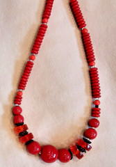 Necklace, Vintage Red glass & plastic beads separated by metal discs