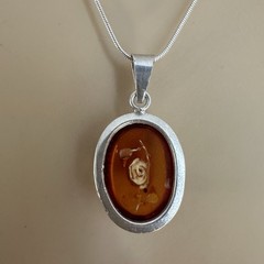 VTG Pendant Necklace 18 Inch Amber Reversed Carved Rose Italy 925 Sterling 9.3g
