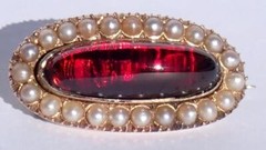 Pretty Antique Victorian 10K Gold Foiled Garnet Cabochon Pearl Pendant Pin 1886