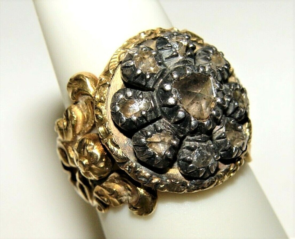 Antique Georgian 1.20CT (Est.) Rose Cut Diamond Filigree Ring 19K Gold S-5.5