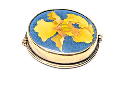 VTG Blue Cloisonne Yellow Iris Flower Pendant Enamel 22kt & 8kt Gold & Sterling