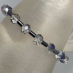 Smoky Gray Glass Bracelet Stretch Aurora Borealis Coated Faceted Tube Spacers