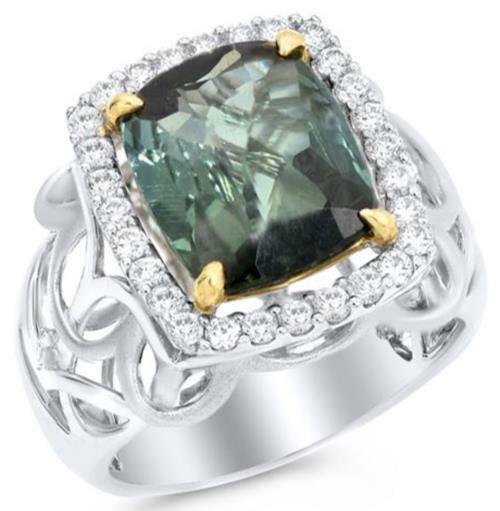 LARGE 5.30CT DIAMOND & AAA TOURMALINE 18K 2 TONE GOLD 3D CUSHION ENGAGEMENT RING