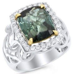 LARGE 5.30CT DIAMOND & AAA TOURMALINE 18K 2 TONE GOLD 3D CUSHION ENGAGEMENT RING