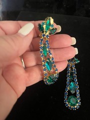 Vintage Rhinestone Clip on Dangle Earrings Beautiful Blue Green