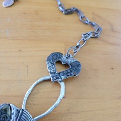 Vintage EFM Brutalist Heart Necklace Mixed Metal Chunky Bib 20in 51g