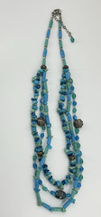 Natural Green Blue Stone Necklace Glass Triple Strand Silver Tone