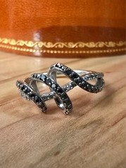 Vintage Signed SUN Sterling Black & White Diamond Ring Size 7