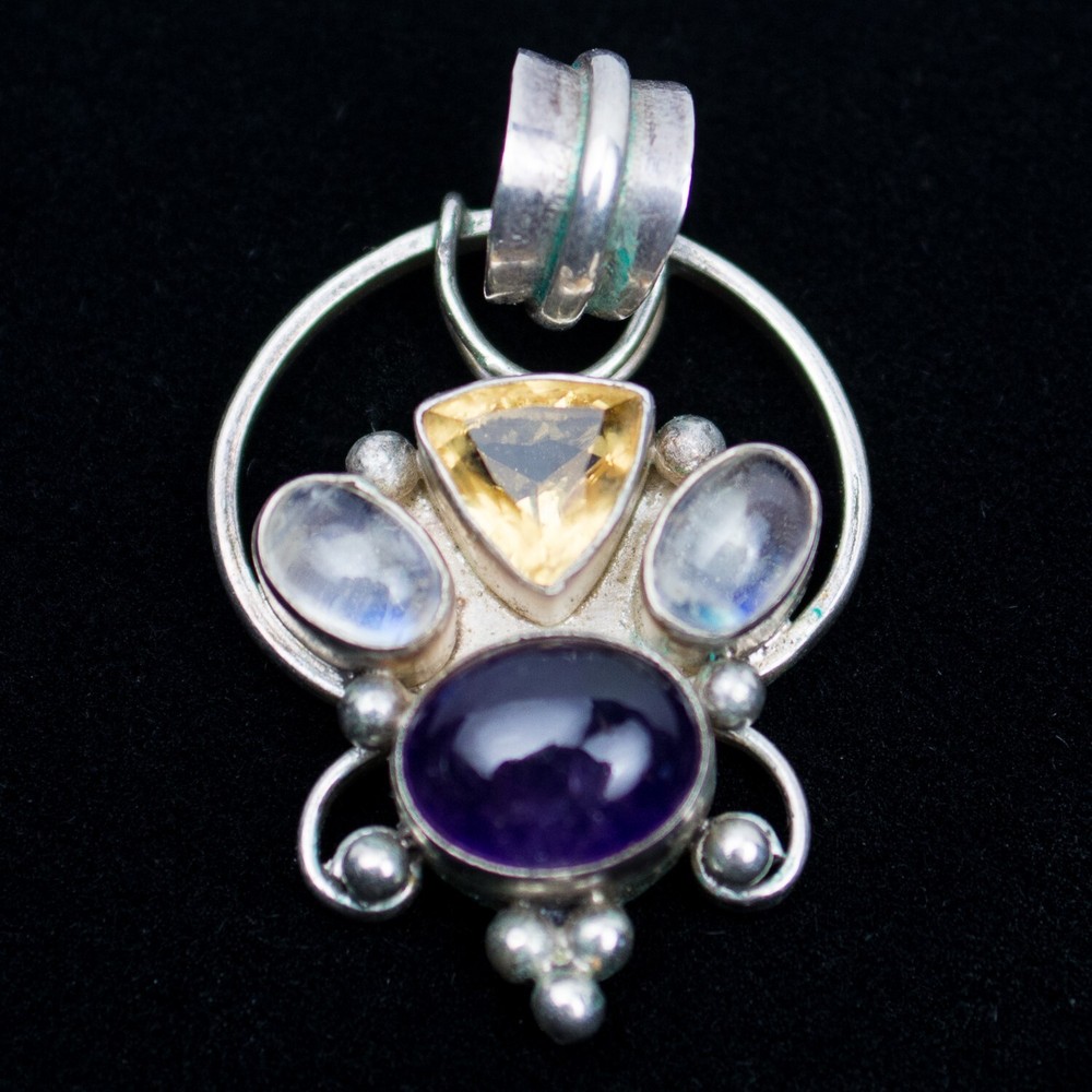 Artist Crafted Sterling Silver & Gemstone Pendant Quartz, Citrine & Amethyst