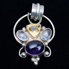 Artist Crafted Sterling Silver & Gemstone Pendant Quartz, Citrine & Amethyst