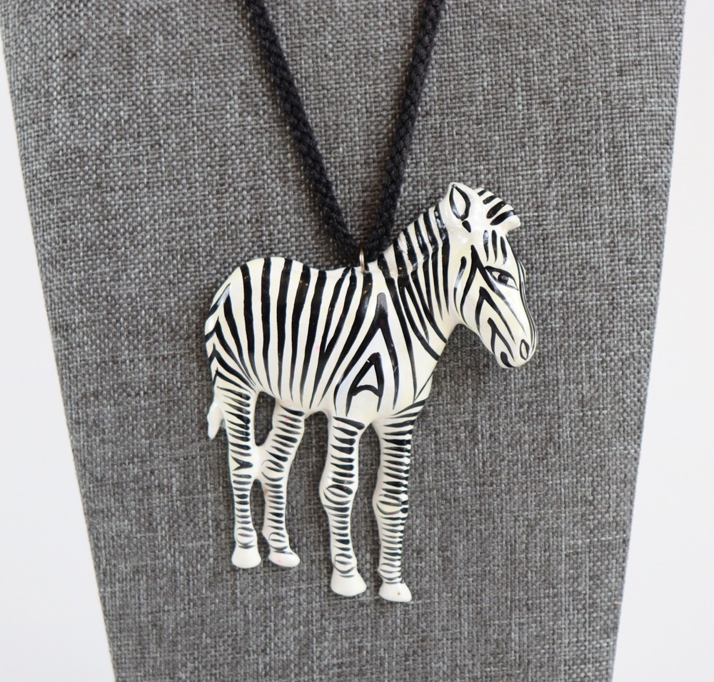 VTG Large Standing Zebra Necklace Black White Striped Boho Statement Africa