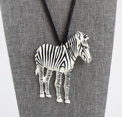 VTG Large Standing Zebra Necklace Black White Striped Boho Statement Africa