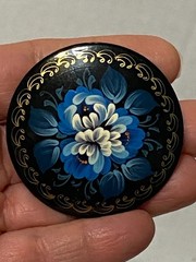 Vintage Wooden Hand Painted Brooch Pin Russian Lacquer Floral Flower Signed 2″