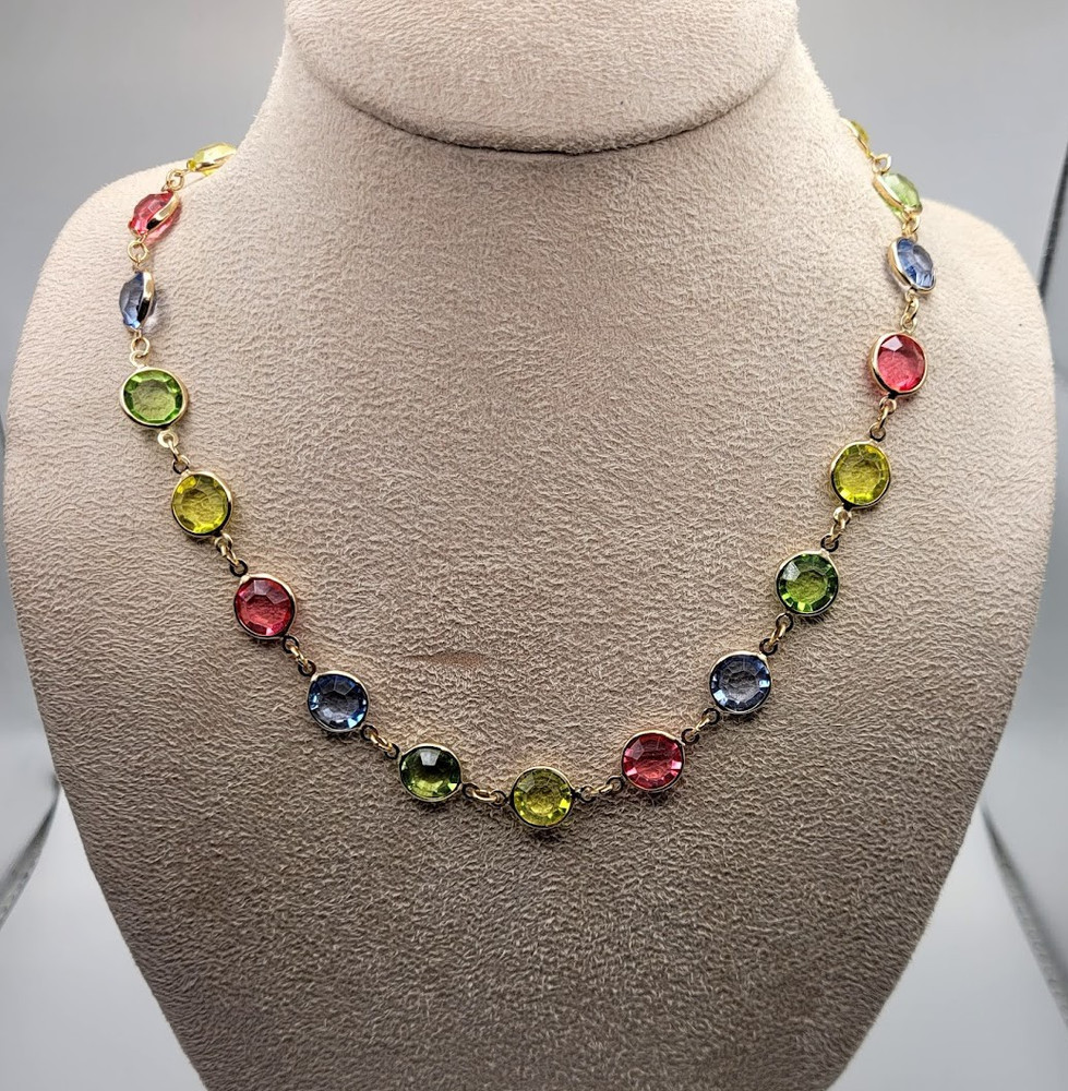 Liz Claiborne Y2K Multicolor Crystal Station Necklace Gold Tone EST 1976 Tag