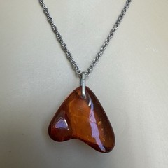 Vintage Pendant Necklace 18 Inch Baltic Amber Gem Polished 925 Sterling 6.9g