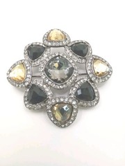 Vintage Style Premiere Design Brooch Black Topaz Glass Art Deco Pin 2 1/2 in D