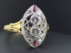 WONDERFUL ART DECO INSPIRED LAB CREATED DIAMOND & RUBY 14 CARAT GOLD FINISH RING