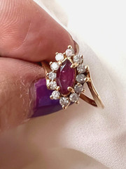 VINTAGE 14K YELLOW GOLD RED NAVETTE MARQUISE CUT GENUINE RUBY AND DIAMONDS RING