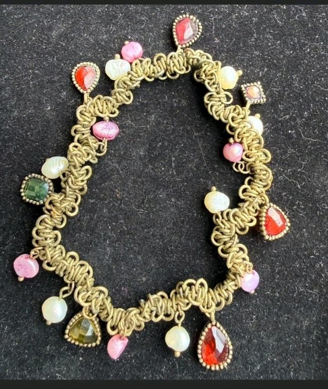 Vintage Gold Tone Stretch Charm Bracelet Red Pink Green Glass Beaded Statement