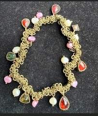 Vintage Gold Tone Stretch Charm Bracelet Red Pink Green Glass Beaded Statement