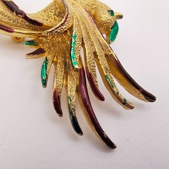 Vintage Bird Of Paradise Brooch Gold Tone Red Green Enamel Rhinestone Tropical