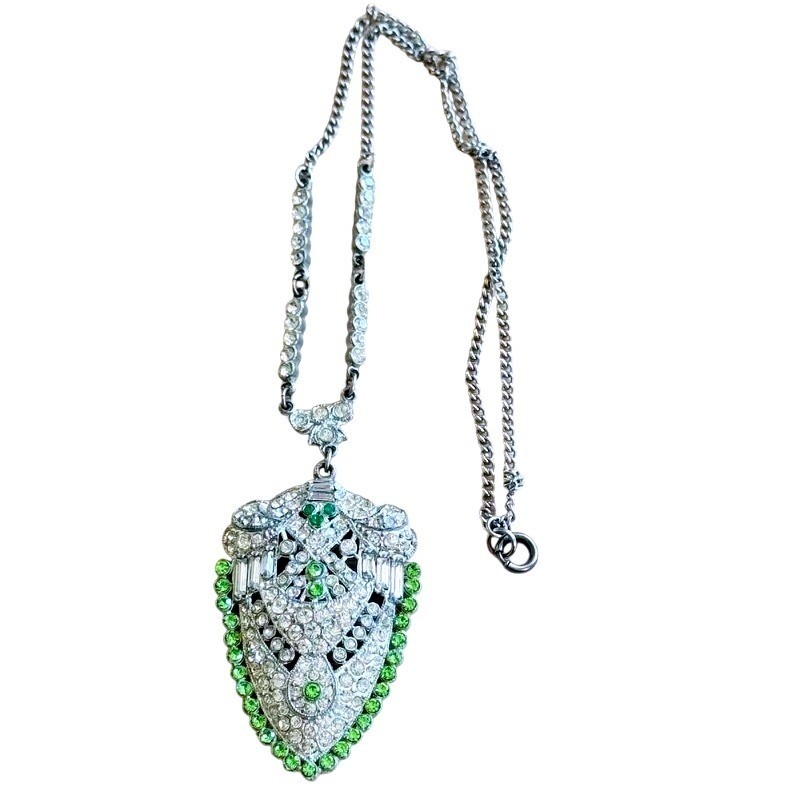 VTG Antique Paste Rhinestone Necklace Elegant Art Deco Silver tone Baguette 16″