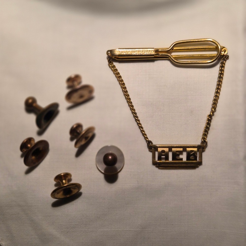 Vintage Swank Monogram Tie Chain & Milligan Collar Studs Gold Tone Lot
