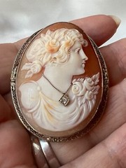 VINTAGE 14K WHITE GOLD LARGE SHELL CAMEO DIAMOND PIN BROOCH CONVERTABLE PENDANT