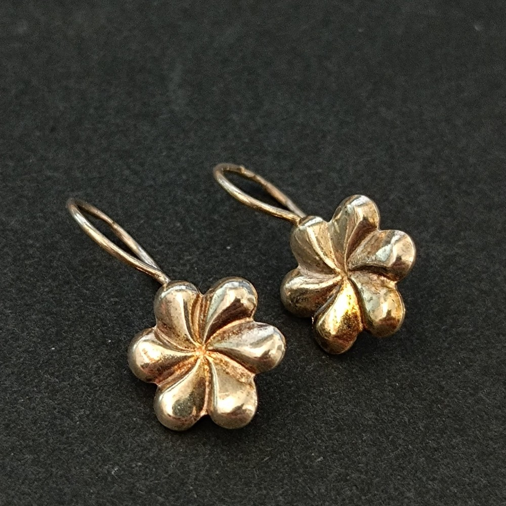 Vintage Soviet Gold Wash 875 Silver Earrings USSR Russian Floral Dangle Vermeil