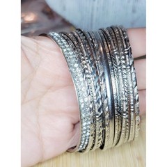 Vintage Silver Tone Bangle Bracelet Lot 20 Stackable Rhinestone Textured Bangles
