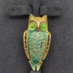 Vintage Gold Tone Teal Green Enamel Owl Brooch Bird Pin Whimsical Animal Retro